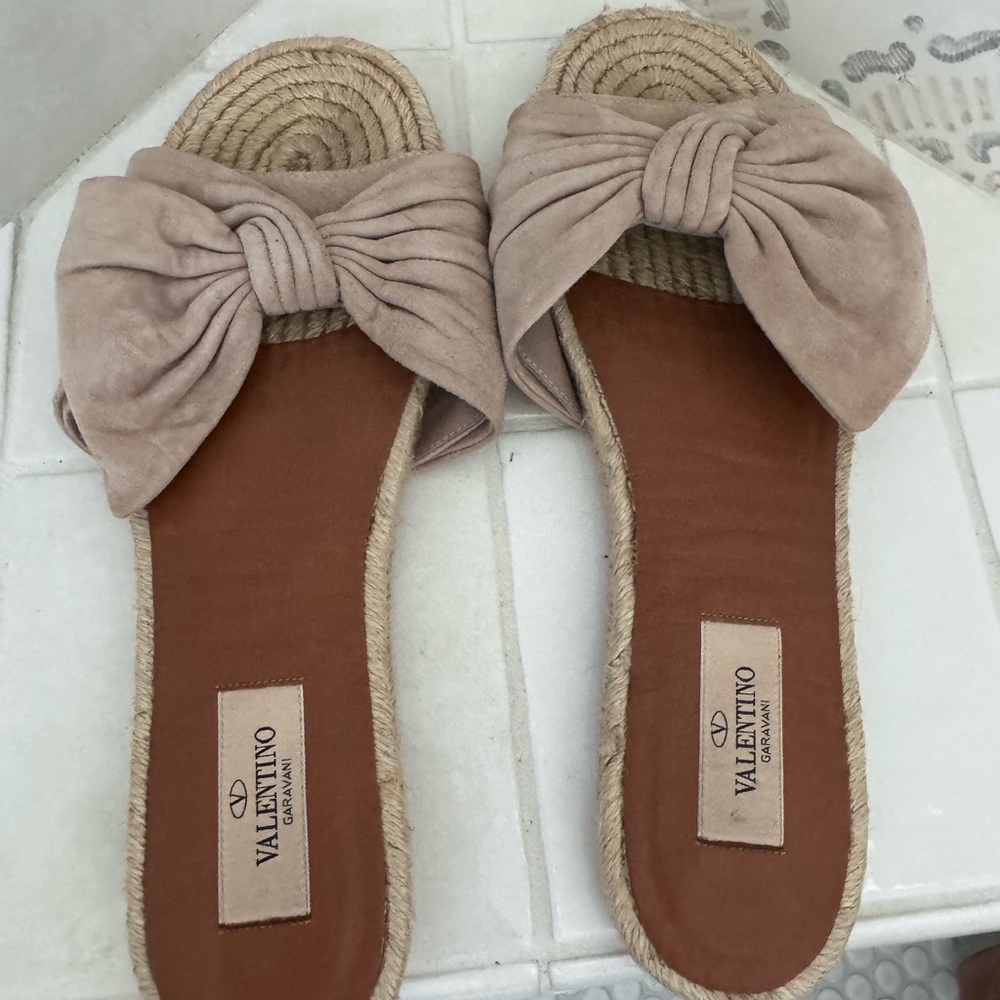 Valentino Beige Suede Bow Slip On Slides
